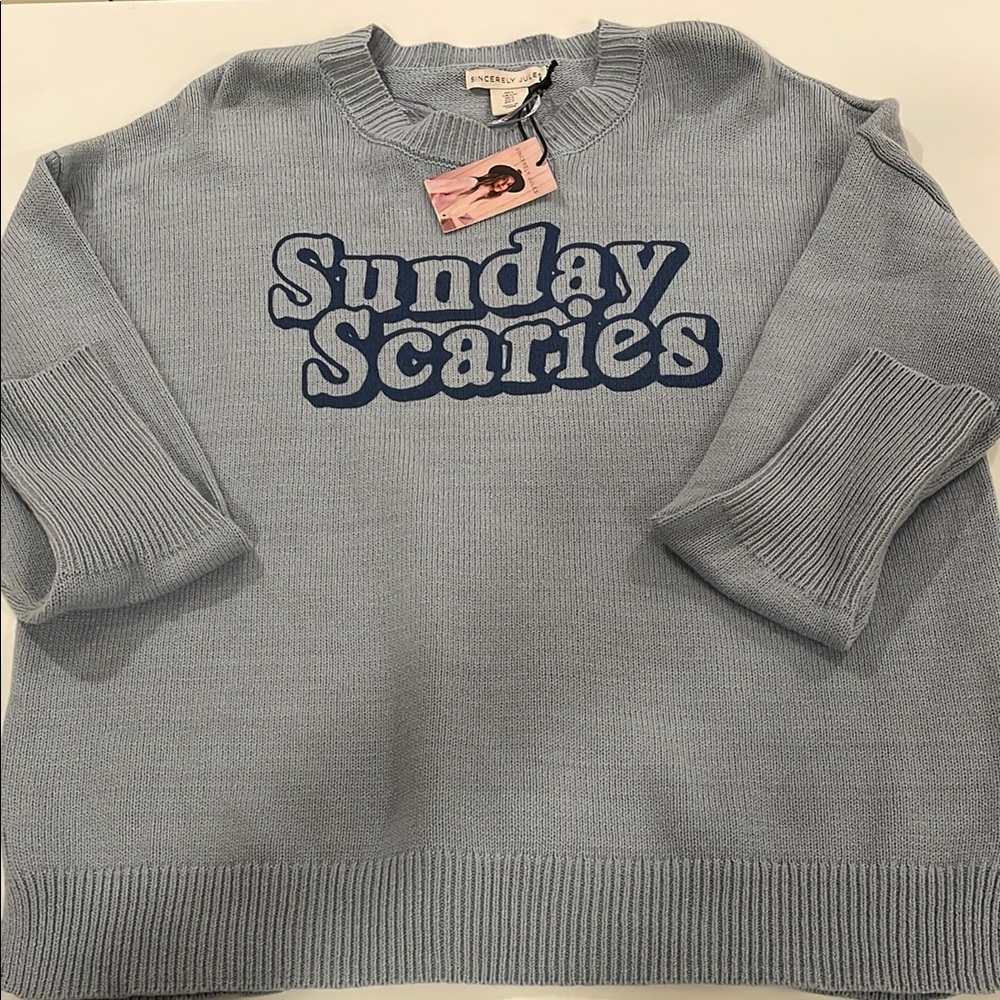 NWT Sincerely Jules Crew Sunday Scaries Blue Sweater in size large